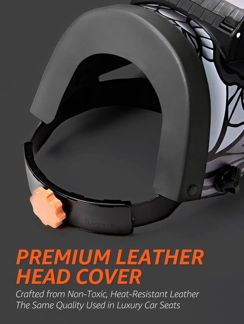 Auto Darkening Welding Helmet With Flip Up Lens featuring a premium leather head cover and adjustable strap, shown in close-up