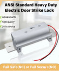 ANSI Standard Heavy Duty Electric Door Strike Lock with fail-safe and fail-secure modes, 12V DC, visible gray metal body and wires.