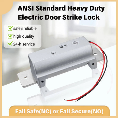 ANSI Standard Heavy Duty Electric Door Strike Lock with fail-safe and fail-secure modes, 12V DC, visible gray metal body and wires.