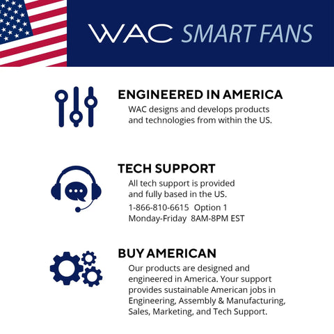 WAC Smart Fans support information for engineered in America products and services with contact details.