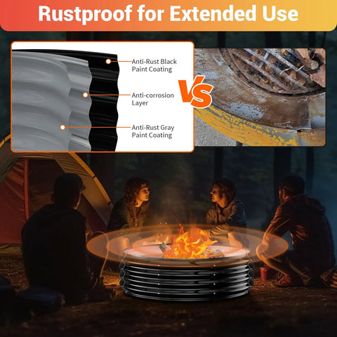 Camping scene with 60 Inch Extra Large Fire Pit Ring For Outdoors Built Tough And Heavy Duty Wood Burning Pits And Outdoor Fireplaces