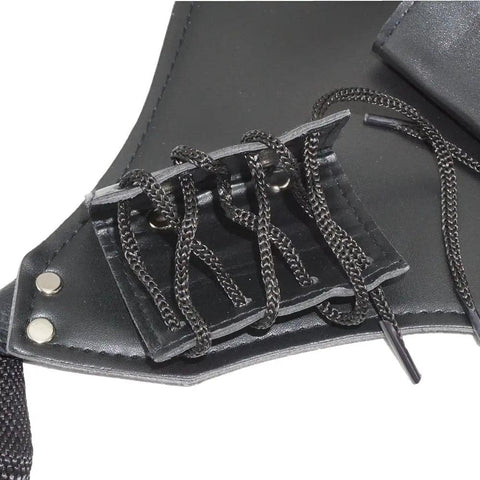 Close-up of adjustable straps on Lightweight PU Sword Carry Bag With Back Strap Waistband For Ninja Cosplay Dual Sword Holder.