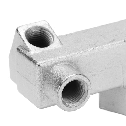Close-up of the 6 Way Air Compressor Manifold Block High Flow Aluminum Alloy Distribution Fitting With G1/4 G1/2 Threads
