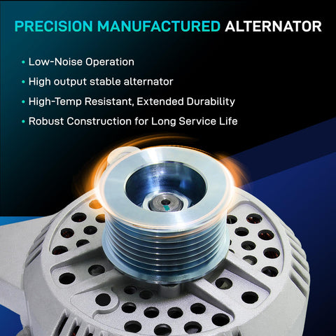 Close-up of heavy-duty alternator, precision manufactured, for F-Series Trucks and E-Series Vans 1997-2002, part numbers 3211772 207791 3342274.