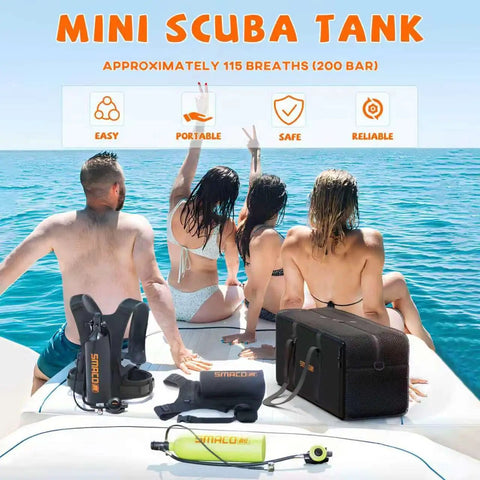 Ultra Portable 1.9L Aluminum DOT Certified Scuba Tank with gear on boat deck, ideal for shallow water diving and backup air source.