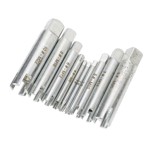 Ultimate 10 Pcs Screw Tap Extractor Set For Easy Removal of Stripped Bolts Damaged Taps And Seized Fasteners Ideal For Industrial Automotive Repair Jobs That Need Quick Gripping Power To Fix Messy Hardware Without Causing More Damage., 10-piece metric alloy steel extractors, sizes M4-M22