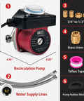 Hot Water Recirculating Pump With Automatic Timer And Stainless Steel Housing For Tank Heaters featuring dimensions and water supply lines.