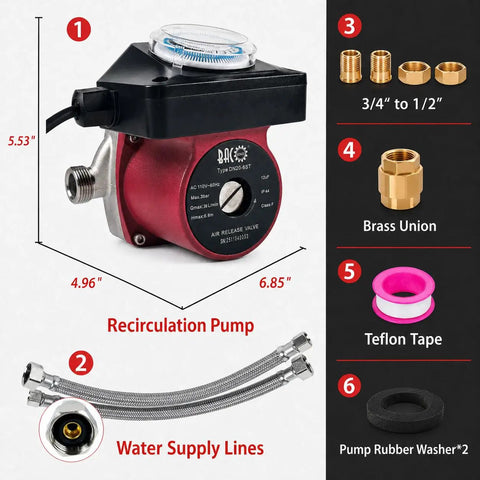 Hot Water Recirculating Pump With Automatic Timer And Stainless Steel Housing For Tank Heaters featuring dimensions and water supply lines.