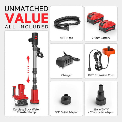 Cordless Stick Water Transfer Pump With Two 4.0Ah Batteries And Charger 740 GPH Flow 33 Ft Head, pump kit components displayed