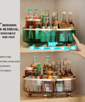 Hand demonstrating 11 inch Clear Lazy Susan Turntable Organizer For Kitchen And Pantry, holding bottles with 360° rotation capability.