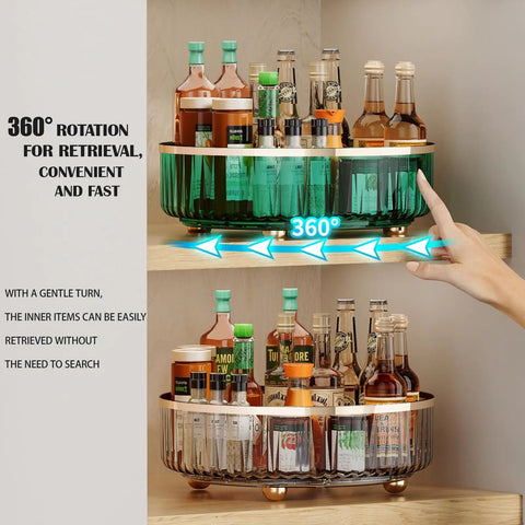 Hand demonstrating 11 inch Clear Lazy Susan Turntable Organizer For Kitchen And Pantry, holding bottles with 360° rotation capability.
