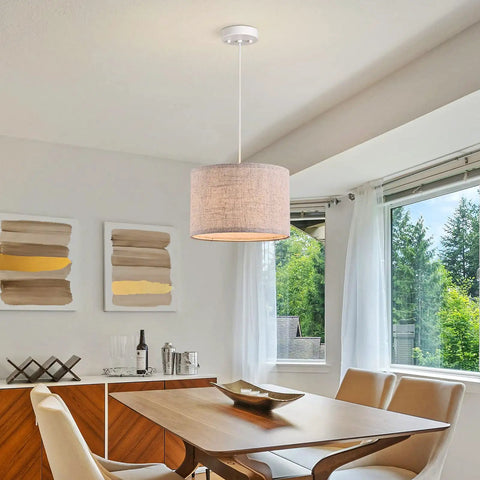 Beige Linen Drum Pendant Light With 48 Inch Adjustable Cord For Kitchen Bedroom Living Room And Kids Room E26 Base Modern Hardware