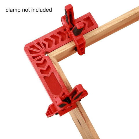 Six Piece 4 Inch 90 Degree Positioning Squares Right Angle Clamps For Woodworking Carpenter DIY Projects Corner Tool Set For Picture Frames Boxes Cabinets And Drawers Red in use on wood pieces
