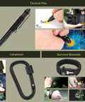 Tactical pen, carabiner, and survival bracelet shown from Go-To 29 In 1 Emergency Survival Kit with various uses and details.
