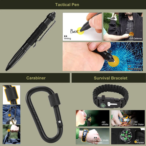 Tactical pen, carabiner, and survival bracelet shown from Go-To 29 In 1 Emergency Survival Kit with various uses and details.