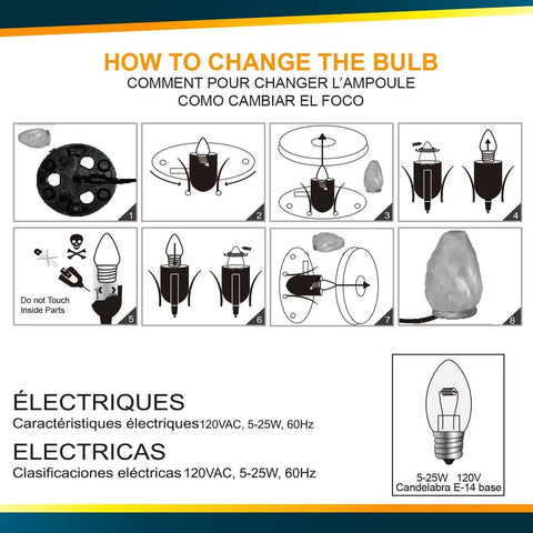 Diagram showing how to change the bulb in Crystal Salt Lamp Night Light 2 Pack With Hand Curved Bases And Neem Wood Stand 5 To 7 Pounds Each ETL Certified Patented Touch Dimmer Creates Calm Ambience Great Gift For Home Decor And Serenity.