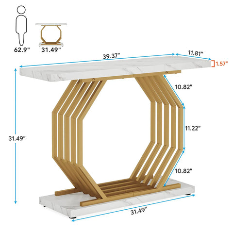 Gold Console Table With Faux Marble Top And Geometric Metal Base A 40 Inch Modern Entryway Table For Your Living Room Hallway Or Foyer White And Gold Dope Finish That Elevates Any Space with measurements visible, including height and tabletop thickness.