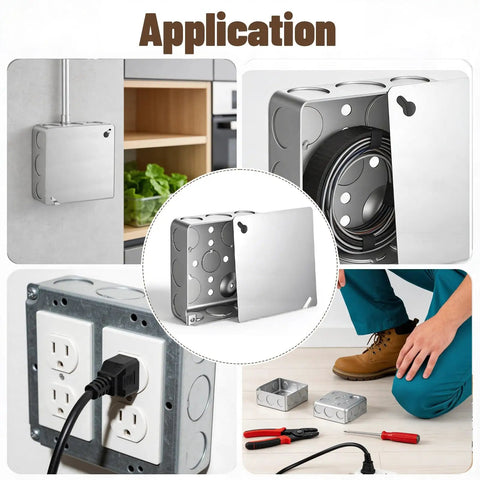 Top Shelf 6 Pack 4 Inch Square Electrical Junction Boxes With Covers Galvanized Steel Outlet Cans 1 2 Inch Deep 21 Cubic Capacity No Fuss Install shown in application with wiring.