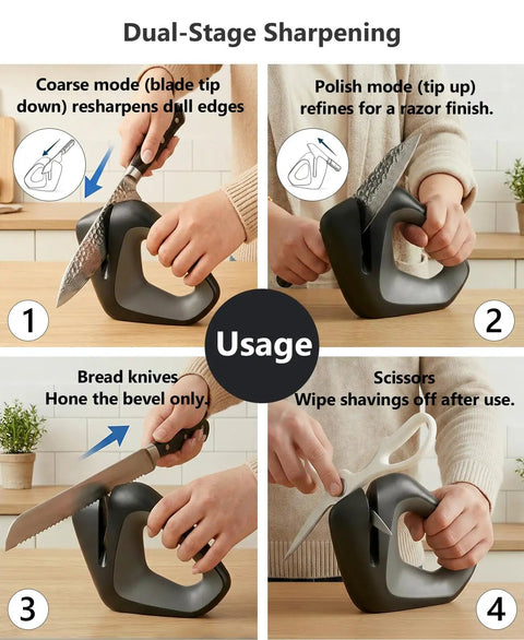 Smart Self Adaptive Knife Sharpener With Auto Angle Tech Delivers A Pro Edge In Seconds Safely Protects Blades All Blades Compatible Installation Free Durable And Easy Care For Any Kitchen Knife in use.