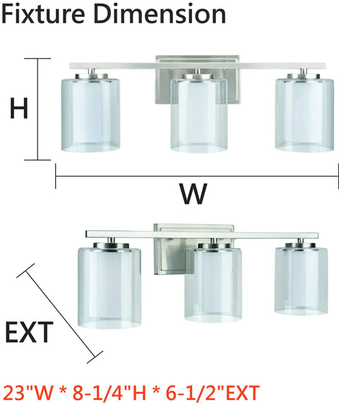 Three Light Bathroom Vanity Fixture In Satin Nickel With Clear Glass Outer Shade And White Glass Inner Shade, 23 Inch Wide Wall Mount dimensions