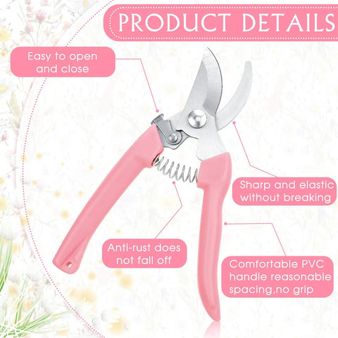 Pink pruner from Eight Piece Garden Shears Set In Four Color Variants For All In One Yard Work with metal blade and PVC handle.