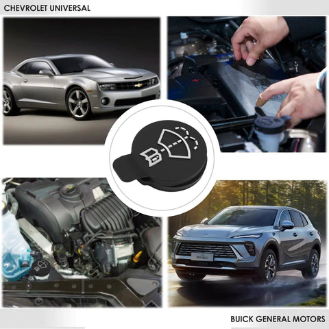 Windshield Washer Reservoir Cap For GMC Chevrolet Buick Cadillac Saab Durable PC Material OEM 12767700 13227300 No Hassle Install Wiper Fluid Bottle Cover Vehicle Replacement displayed with car engines and cars.
