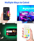 Smartphone and remote controlling 65 Inch TV Backlight Kit With RGBW LED Strips for 60 to 72 Inch Screens in a gaming room.