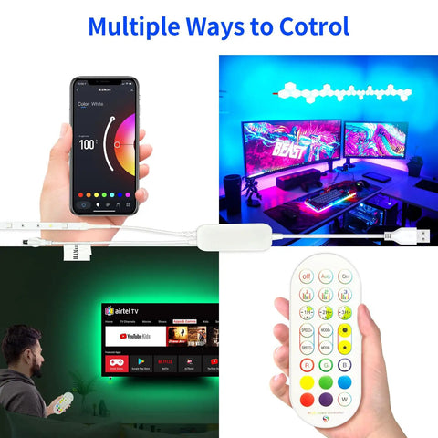 Smartphone and remote controlling 65 Inch TV Backlight Kit With RGBW LED Strips for 60 to 72 Inch Screens in a gaming room.
