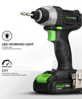 Side view of 20V Cordless Impact Driver With One Quarter Inch Hex Chuck LED Work Light Includes Six Bit Set Variable Speed Trigger