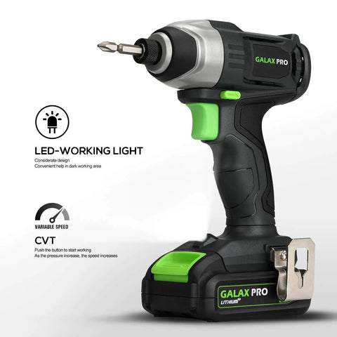 Side view of 20V Cordless Impact Driver With One Quarter Inch Hex Chuck LED Work Light Includes Six Bit Set Variable Speed Trigger