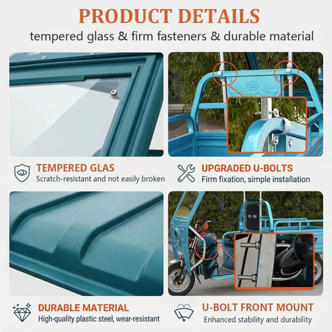 All Weather Cargo Tricycle Canopy With Windshield Heavy Duty 3 Wheel Trike Cover For Rain Sun Snow Rugged Red Trike Shield Weatherproof Ride Guard With Built In Wiper For Clear Visibility. Tempered glass, U-bolt mount