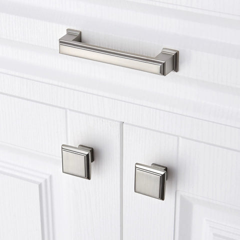 Long Cabinet Handle Set 10 Pack Brushed Satin Nickel Die Cast Zinc Solid Metal Drawer Pulls on white cabinet doors