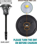 Diagram of Eight Pack 25 Lumen Solar Powered Pathway Lights With Ultra Bright SMD LED, 17 inches tall, 5.5 inches wide, instructions.