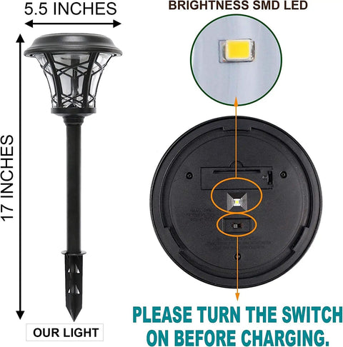 Diagram of Eight Pack 25 Lumen Solar Powered Pathway Lights With Ultra Bright SMD LED, 17 inches tall, 5.5 inches wide, instructions.
