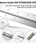 Marine Grade Heavy Duty Piano Hinge 48 Inch By 2 Inch Wide Solid Stainless Steel 0.060 Thick close-up view showing hinge details.
