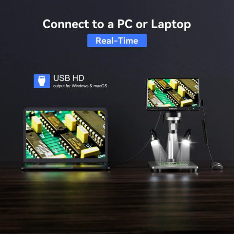 7 Inch Digital Microscope With Screen 1080P Live View 1200X Magnification 12MP Ultra Precise Focusing LCD Soldering Microscope connected to a laptop.