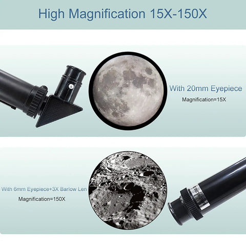 Portable 70mm Refractor Telescope For Beginners With 15x-150x Magnification showing moon photos with eyepieces