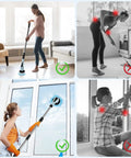 Four images showing Cordless Spin Scrubber With Adjustable Extension Handle And 7 Replaceable Brush Heads For Bathroom Cleaning