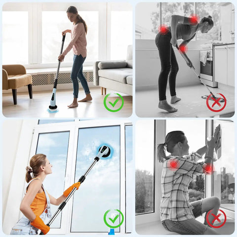 Four images showing Cordless Spin Scrubber With Adjustable Extension Handle And 7 Replaceable Brush Heads For Bathroom Cleaning