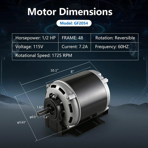 Half Horsepower 115 Volt 60 Hz 1725 RPM Belt Drive Fan Motor With 48 Frame For HVAC Systems Reversible Rotation Class B Insulation Thermal Protection And Long Lasting Quiet Operation, motor dimensions