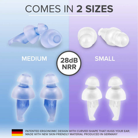 Two Sizes Sleep Ear Plugs For Snoring And Travel, Comfortable Reusable Noise Cancelling Earplugs With Up To 28 dB NRR, Small And Medium Fits, showing designs in blue and white.