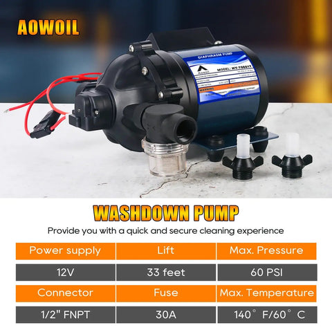 Quiet Yet Powerful 12V Water Pump For RVs Boats And Yachts Delivers 7 GPM At 60 PSI Diaphragm Pump With Half Inch FNPT Inlet Includes Filter And Adapter