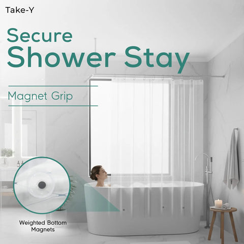 Magnet Grip Shower Curtain Liner with Weighted Magnets, 72x72, installed in a bathroom, showing rustproof grommets and magnets.