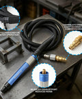 Top Shelf 1/8 Inch Pencil Air Die Grinder Rock Solid Pneumatic Rotary Tool with protective hose and air inlet connector.