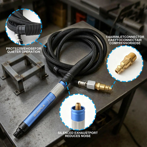 Top Shelf 1/8 Inch Pencil Air Die Grinder Rock Solid Pneumatic Rotary Tool with protective hose and air inlet connector.