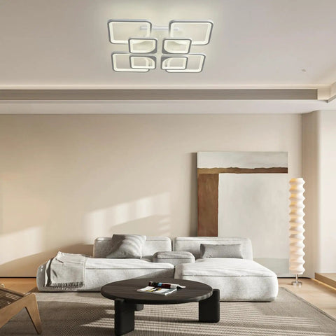 Dimmable Flush Mount LED Ceiling Light With Remote Control, 23.6 Inch Modern Fixture, eight square panels in living room