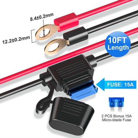 Close-up view of 10FT cable with eyelet terminals and fuse, part of the 12V Car Lighter Socket Splitter With 7 Ports USB PD Type C 30W QC3 18W Quick Charge 3 Lighter Sockets 200W Total Eyelet Terminal Power Outlet Multi Port Car Charger For Fast On The Go Device Charging.
