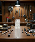 5 Piece Silver Movement Watch Stem And Crown Kit for NH35 NH36 NH38 NH39 Movements on workbench with tools