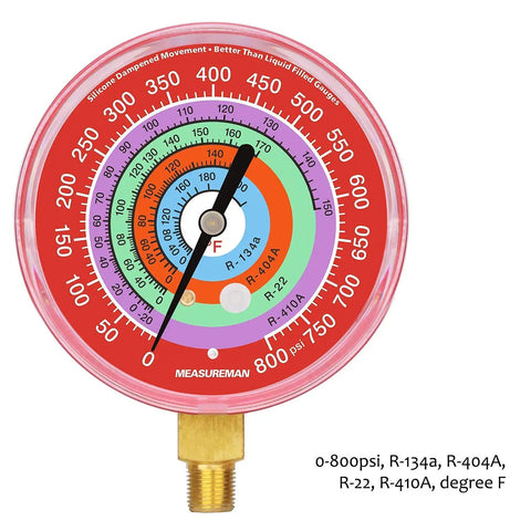 Refrigeration Pressure Gauge Kit With 3-1/8 Inch Dial, Dual Color Blue And Red Dials, 1/8 NPT Lower Mount, -30inHg To 0-250psi, 250-500psi And 0-800psi, For R-134a R-404A R-22 R-410A HVAC Pros, red dial