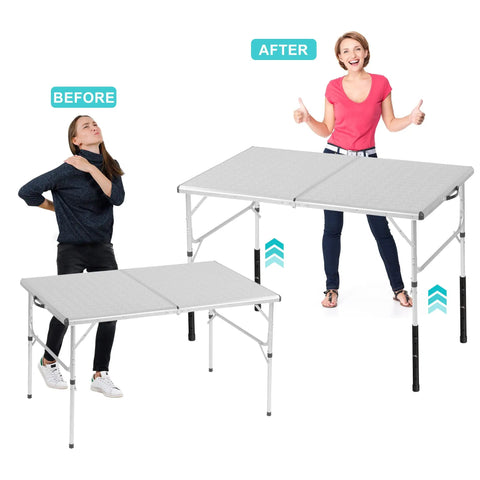 Before and after comparison using Four Pack Adjustable Folding Table Leg Extenders For Bent And Straight Legs Increase Height